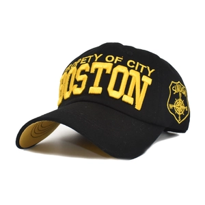 Black Boston baseball cap with yellow 3D embroidery and contrasting brim underside