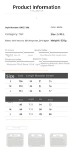 Detailed size chart for women's knit cardigan and slip dress set with white finish