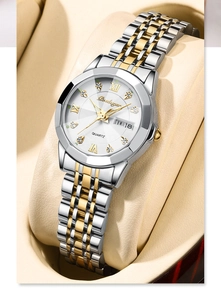 Poedagar ladies watch detail featuring dual-calendar display and gold-silver steel band