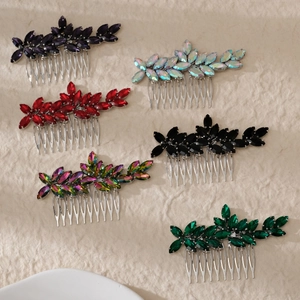 Leaf shaped crystal bridal hair comb set with colorful rhinestones in silver finish