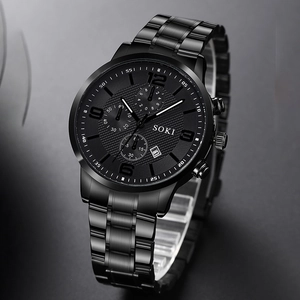 Detail of SOKI black stainless steel chronograph watch with calendar and luminous hands