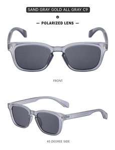 Detail view of sand gray translucent sunglasses with polarized lenses from multiple angles