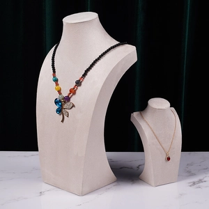 Beige velvet mannequin bust necklace stand set with large and small jewelry displays