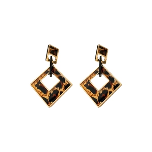 Elegant rhombic leopard print earrings with gold metal frame on a clean white background