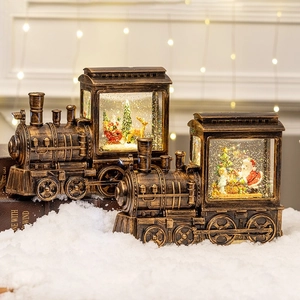 Christmas Snow Globe Lantern Train LED Light Musical Swirling Glitter Vintage Bronze Desktop Ornament Holiday Home Decor