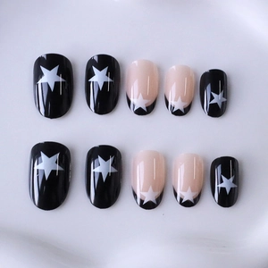 Classic black French press-on nails with white star design in short square shape