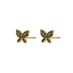 Detailed macro view of 18K gold butterfly earrings with inlaid green gemstones
