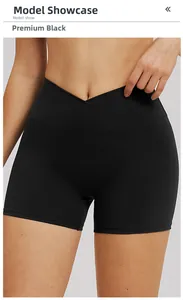 Detail of cross V-waist design on premium black yoga shorts for tummy control