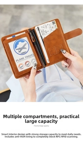 Detail of brown leather RFID blocking passport holder with SIM card and pen slots