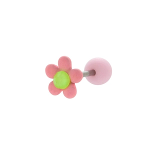 Pink daisy flower cartilage earring with green center and stainless steel barbell post