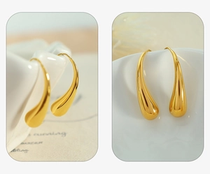 Close-up and lifestyle view of elegant gold teardrop earrings with a polished metallic finish
