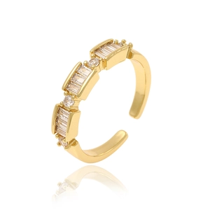 Adjustable gold plated copper ring with alternating rectangular and round cubic zirconia