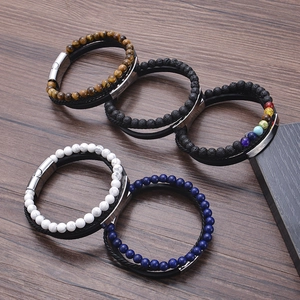 Multilayer natural stone leather bracelet with stainless steel magnetic clasp in various styles