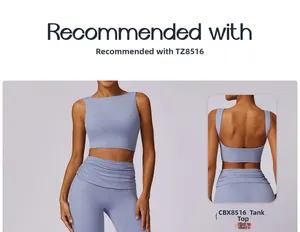 Front and back views of misty blue yoga set with open back tank top and high waist leggings