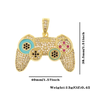 Macro detail of game controller pendant with crystals and dimensions of 38.5mm by 40mm