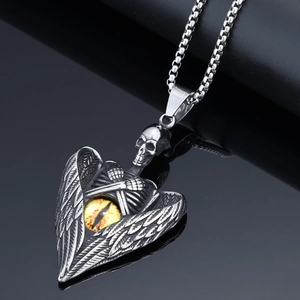 Gothic evil eye heart with angel wings stainless steel pendant necklace in silver