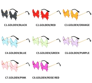 Collage of rimless butterfly sunglasses in eight vibrant colors with metal temples