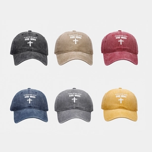 Washed Cotton Baseball Cap Vintage Distressed Retro Sun Hat Cross God Wins Print Adjustable Streetwear For Men Women