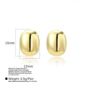 Detail view of 18k gold plated oval stud earrings with 15mm height and polished finish