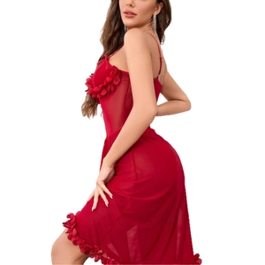 Sexy dark red lace lingerie nightdress with sheer mesh fabric and 3D floral ruffles