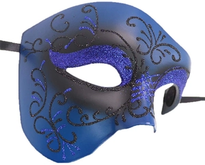Dettaglio della maschera veneziana con glitter blu e neri e nastri in raso per fissaggio