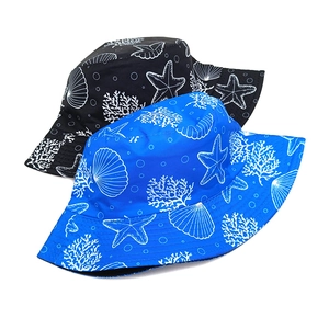 Close-up of reversible bucket hat featuring blue and black starfish and seashell prints