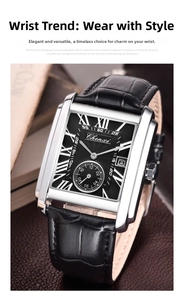 Detailed macro view of Chenxi square quartz watch with black dial and leather strap