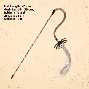 Cat wand toy with spider plush, silver tassels, 41cm rod, and mesh tube dimensions