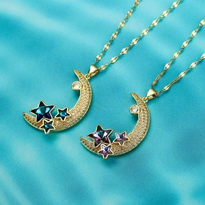Gold-plated crescent moon and colorful star pendant necklace with zircons on blue silk