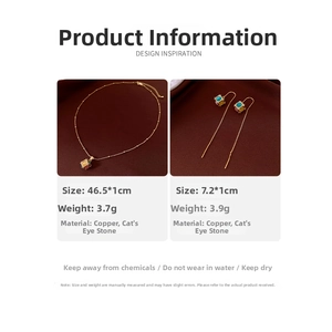 Detail view of cat's eye stone pendant necklace and earrings set with gold plating