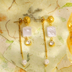 18k gold plated stainless steel geometric earrings with pearl and tassel crystal pendant