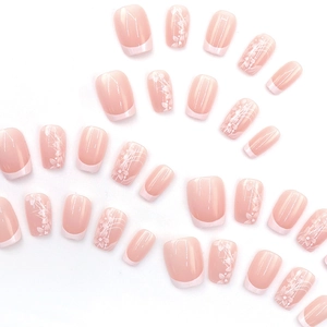 Short french press-on nails with white floral patterns and pink base, 30pcs set