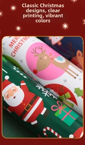Close-up of colorful Christmas wrapping paper with Santa and reindeer festive patterns