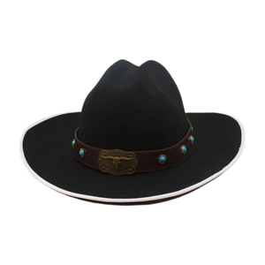 Western Cowboy Hat Wool Felt Wide Brim Retro Ethnic Style Color Contrast Leather Band Turquoise Bull Head Buckle For Men Women