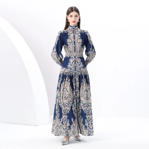 Retro paisley print maxi dress with stand collar and lantern sleeves in navy blue
