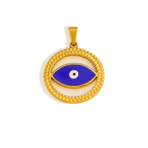 Detailed view of the 24k gold plated evil eye pendant with blue enamel for DIY jewelry