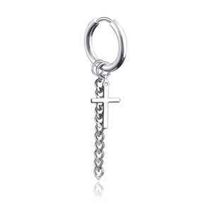Hip hop silver hoop earring featuring a dangling cross pendant and delicate metal chain link