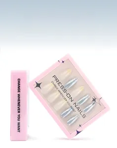 Detail of 30-piece silver glitter and soft yellow gradient press-on nails in packaging