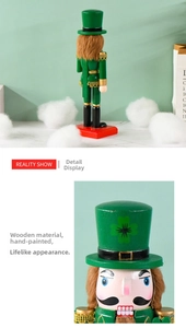 Macro detail of hand-painted wooden nutcracker soldier with green clover hat