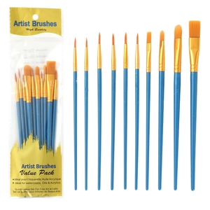 Set of 10 nylon hair artist brushes with blue handles for watercolor and oil painting