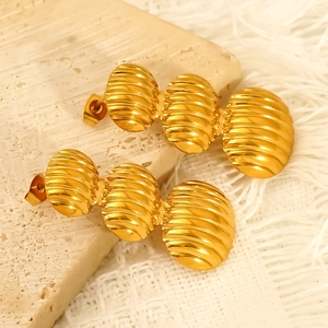 18K Gold Plated 304 Stainless Steel Drop Earrings Ribbed Textured Triple Tiered Oval Geometric Vintage Elegant Jewelry