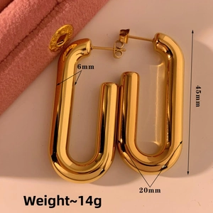 Detail view showing dimensions of large gold hollow U-shape polished stainless steel earrings