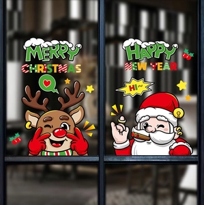 Detailed Christmas window stickers featuring cartoon Reindeer and Santa Claus designs