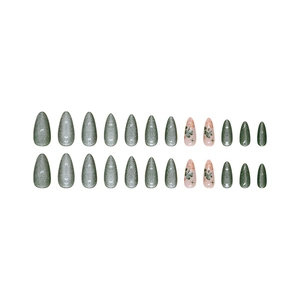 Cat eye green and floral almond press-on nails set with 24 pieces on white background