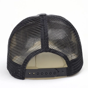 Grey and black trucker hat with breathable mesh back and adjustable snapback closure