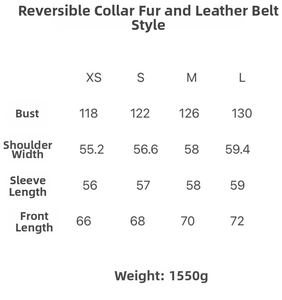 Size chart for faux fur shearling jacket showing bust, shoulder, and sleeve measurements