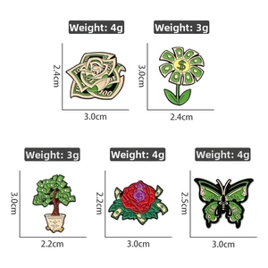 Detailed size and weight specifications for dollar bill themed enamel pins and brooches
