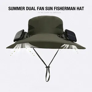 Solar powered dual fan sun hat with wide brim in army green for outdoor fishing and hiking