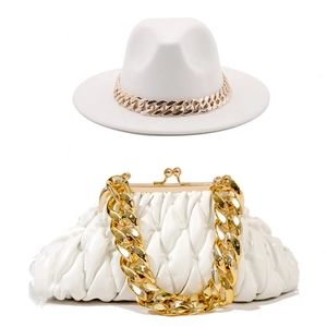 British style wide brim fedora hat and matching cloud bag set with gold chain decor