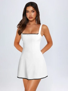 Stile Francese Vintage Pizzo Contrasto Mini Abito Sottoveste Scollo Quadrato Fiocco Slim Fit Senza Maniche Maglia Donna